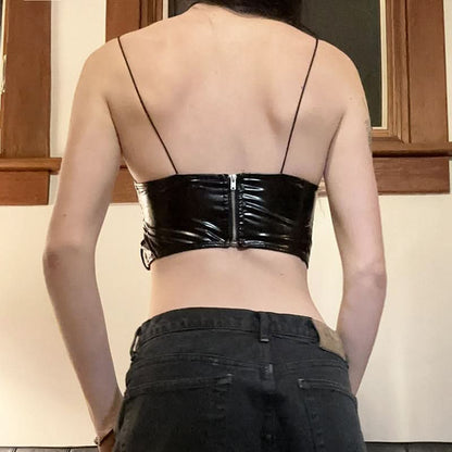 Zip-up PU leather hollow out spaghetti strap cut out top
