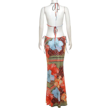 Self tie halter flower print 3 piece maxi skirt set