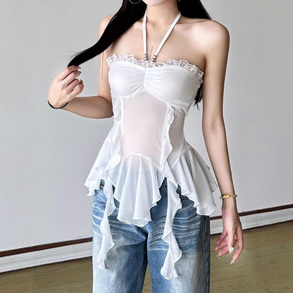 Ruched mesh lace hem halter self tie top