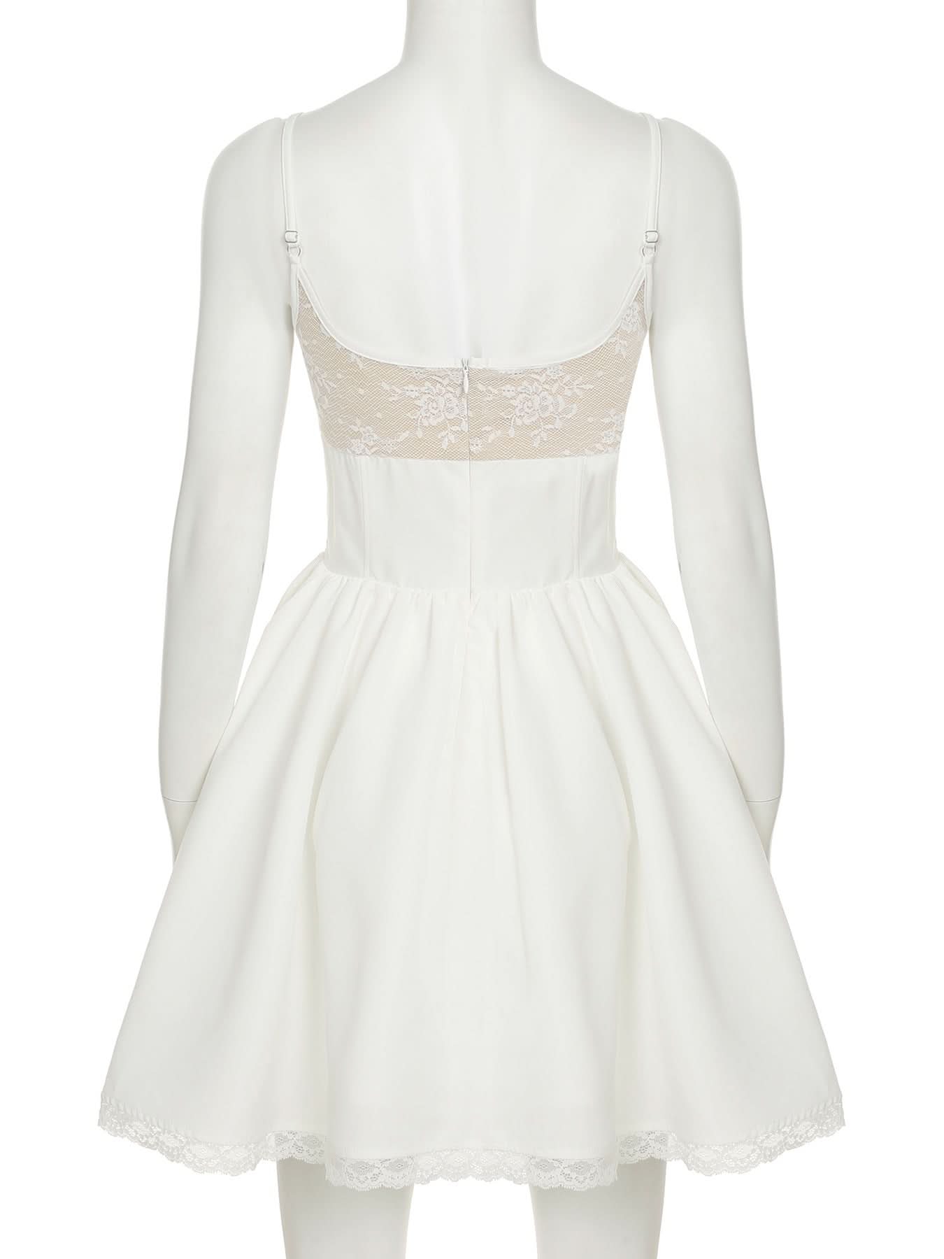 Square neck lace ruched zip-up cami mini dress