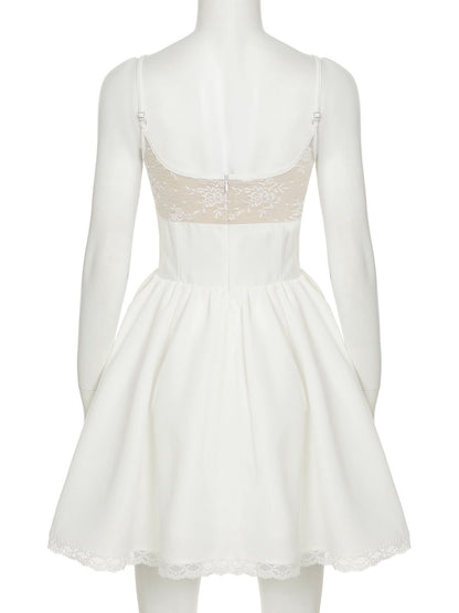 Square neck lace ruched zip-up cami mini dress