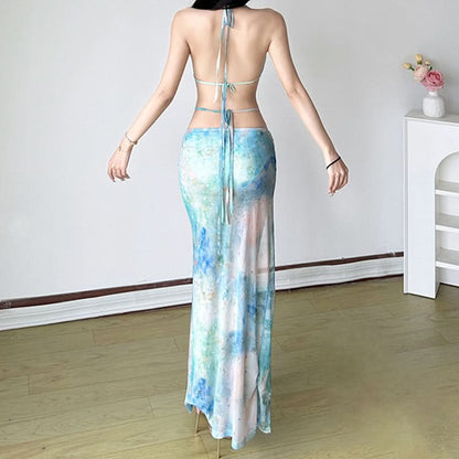 Halter self tie print slit v neck mesh maxi skirt set