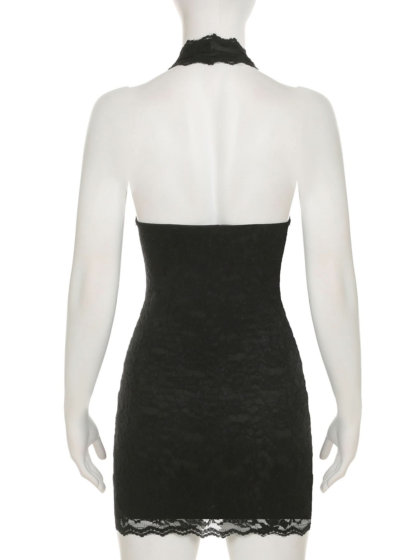 Halter lace hem v neck solid backless mini dress