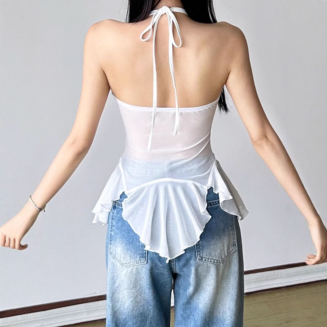 Ruched mesh lace hem halter self tie top