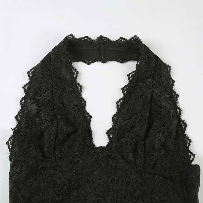 Halter lace hem v neck solid backless mini dress