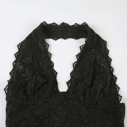 Halter lace hem v neck solid backless mini dress