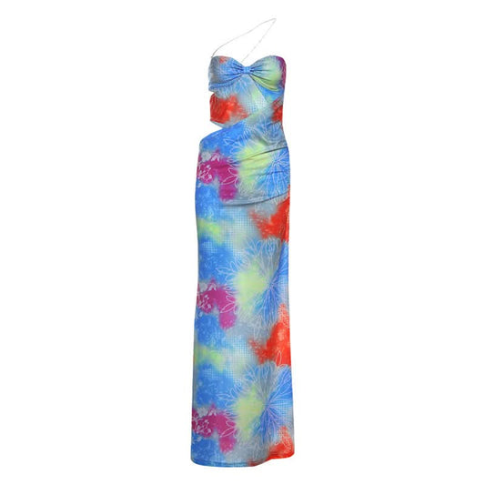 Hollow out one shoulder print irregular cut out maxi dress