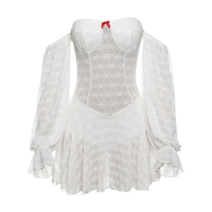 Off shoulder long sleeve bowknot solid mini dress