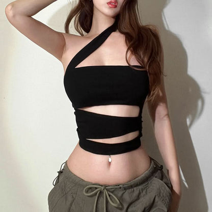 One shoulder irregular hollow out crop cut out top