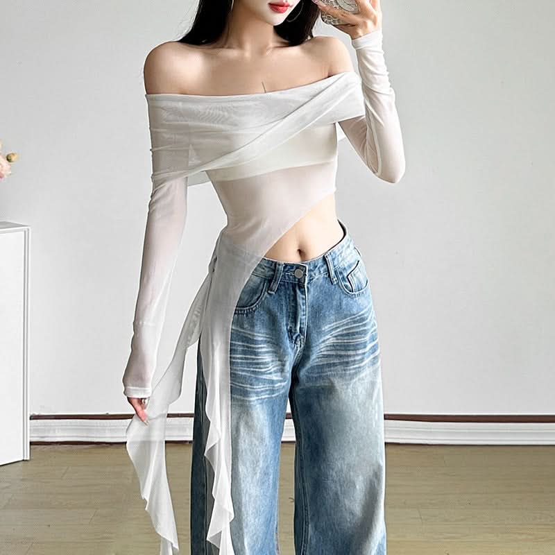 Long sleeve off shoulder sheer mesh irregular top