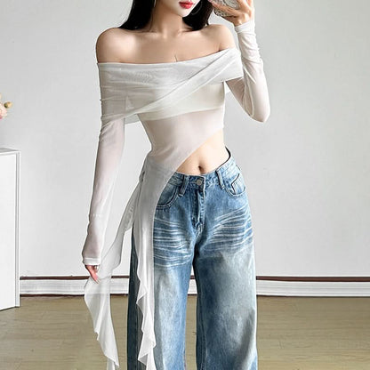 Long sleeve off shoulder sheer mesh irregular top