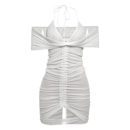 Ruched halter self tie mesh v neck mini dress
