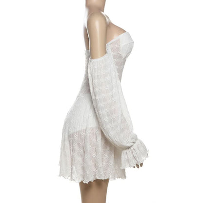 Off shoulder long sleeve bowknot solid mini dress