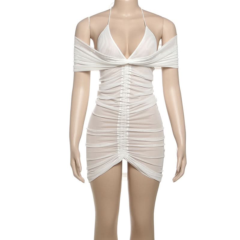 Ruched halter self tie mesh v neck mini dress