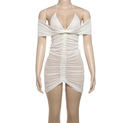 Ruched halter self tie mesh v neck mini dress