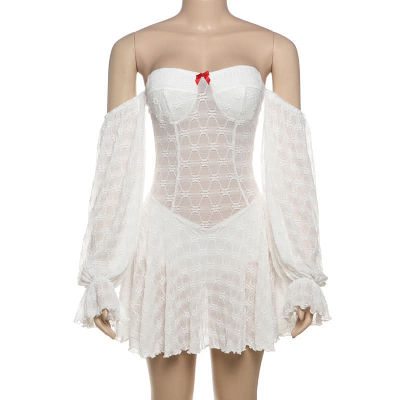 Off shoulder long sleeve bowknot solid mini dress