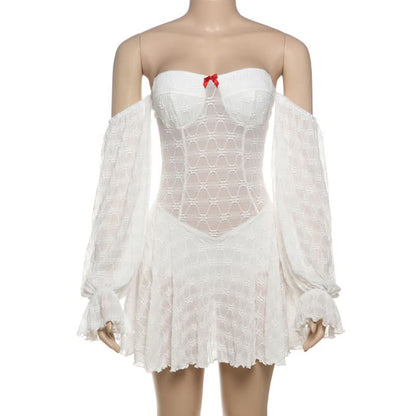 Off shoulder long sleeve bowknot solid mini dress