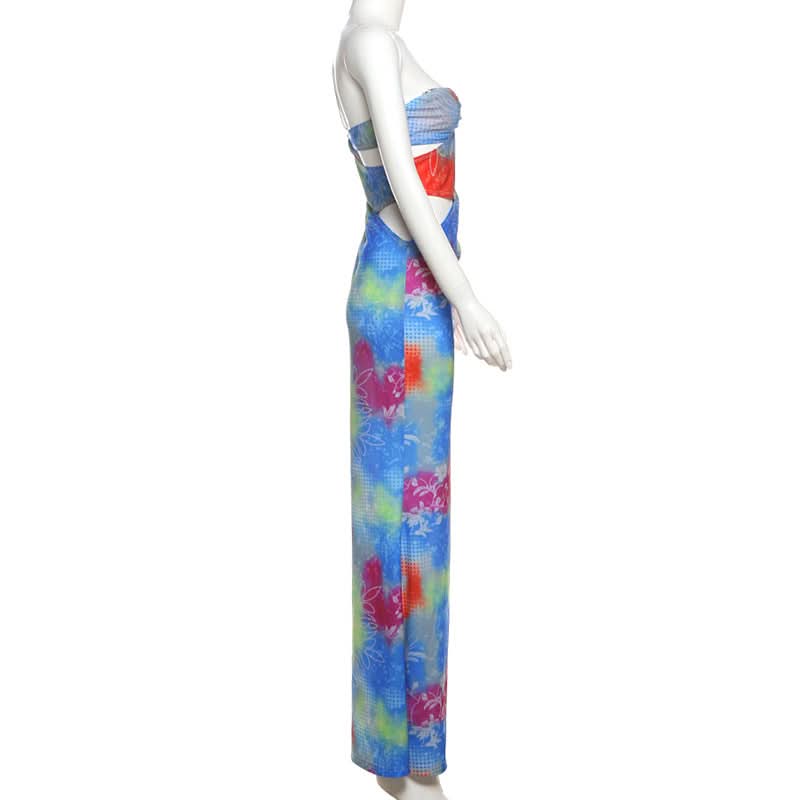 Hollow out one shoulder print irregular cut out maxi dress