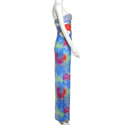 Hollow out one shoulder print irregular cut out maxi dress