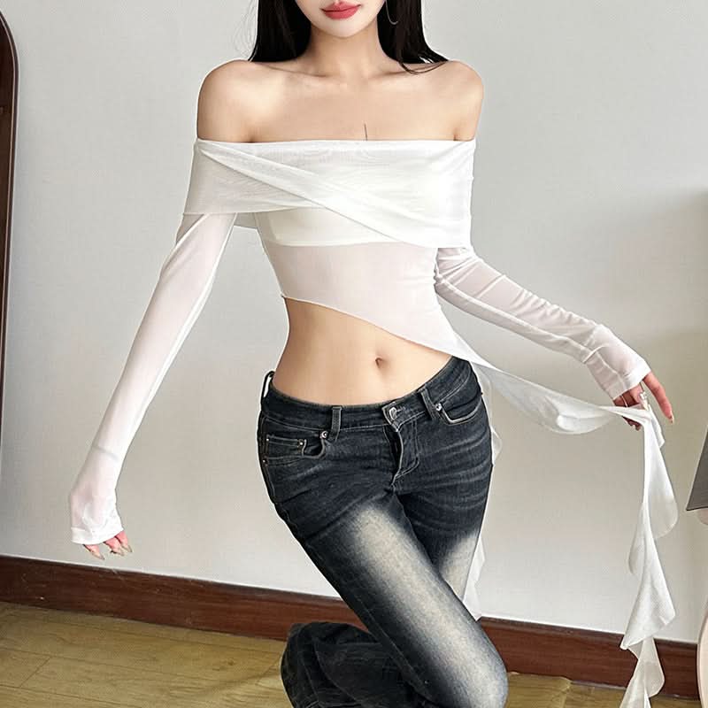 Long sleeve off shoulder sheer mesh irregular top