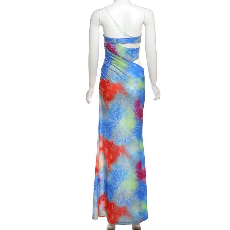 Hollow out one shoulder print irregular cut out maxi dress