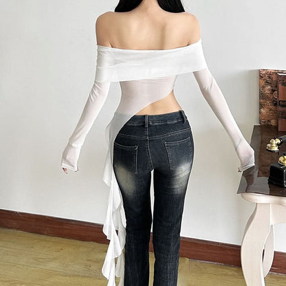 Long sleeve off shoulder sheer mesh irregular top