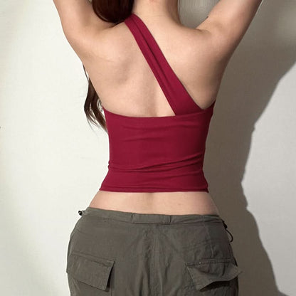 One shoulder irregular hollow out crop cut out top