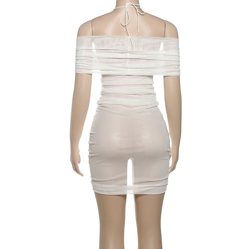 Ruched halter self tie mesh v neck mini dress