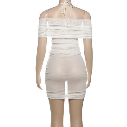 Ruched halter self tie mesh v neck mini dress