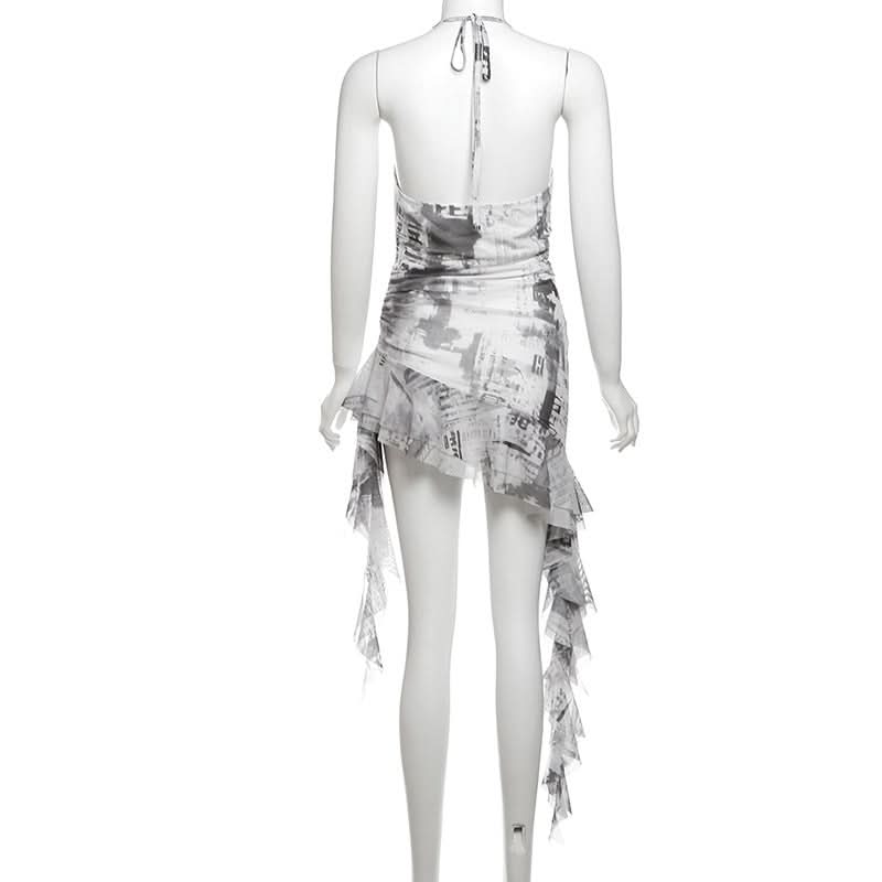 Cowl neck halter self tie irregular print mini dress