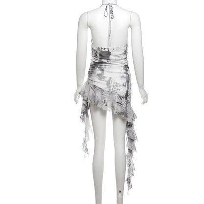 Cowl neck halter self tie irregular print mini dress