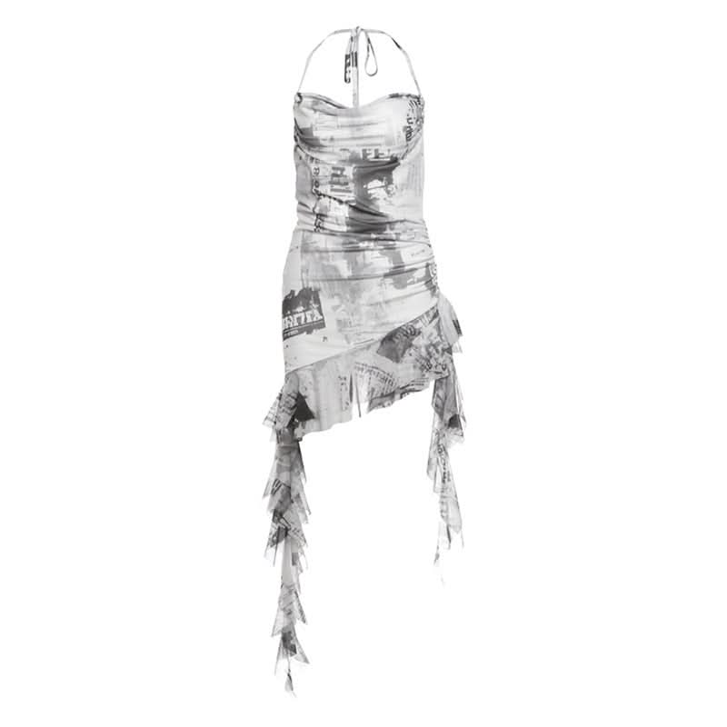 Cowl neck halter self tie irregular print mini dress