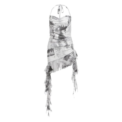 Cowl neck halter self tie irregular print mini dress