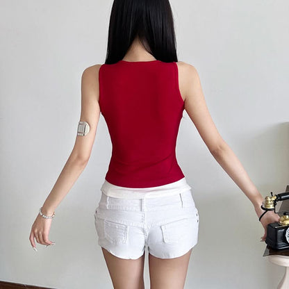 Crewneck hollow out figure pattern contrast cut out top