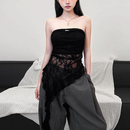Metal tag lace ruched irregular tube top