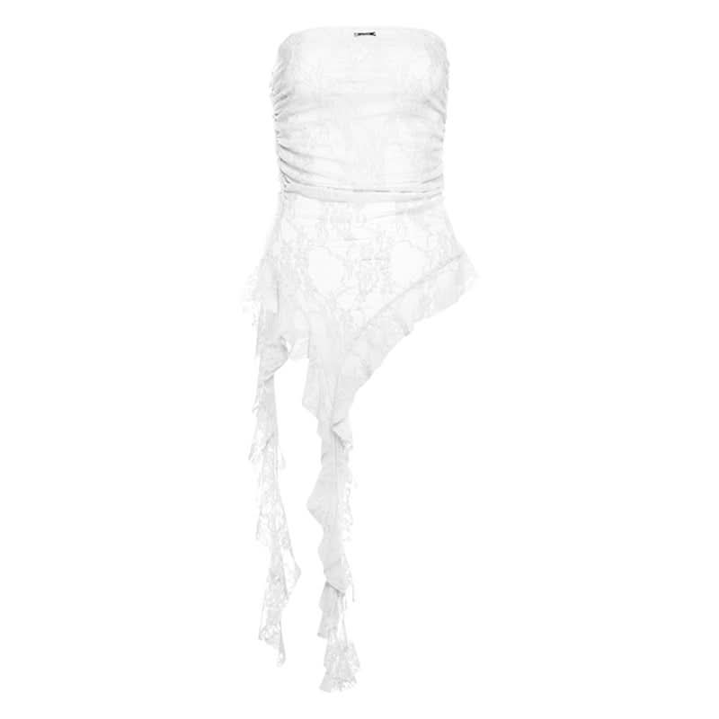 Metal tag lace ruched irregular tube top