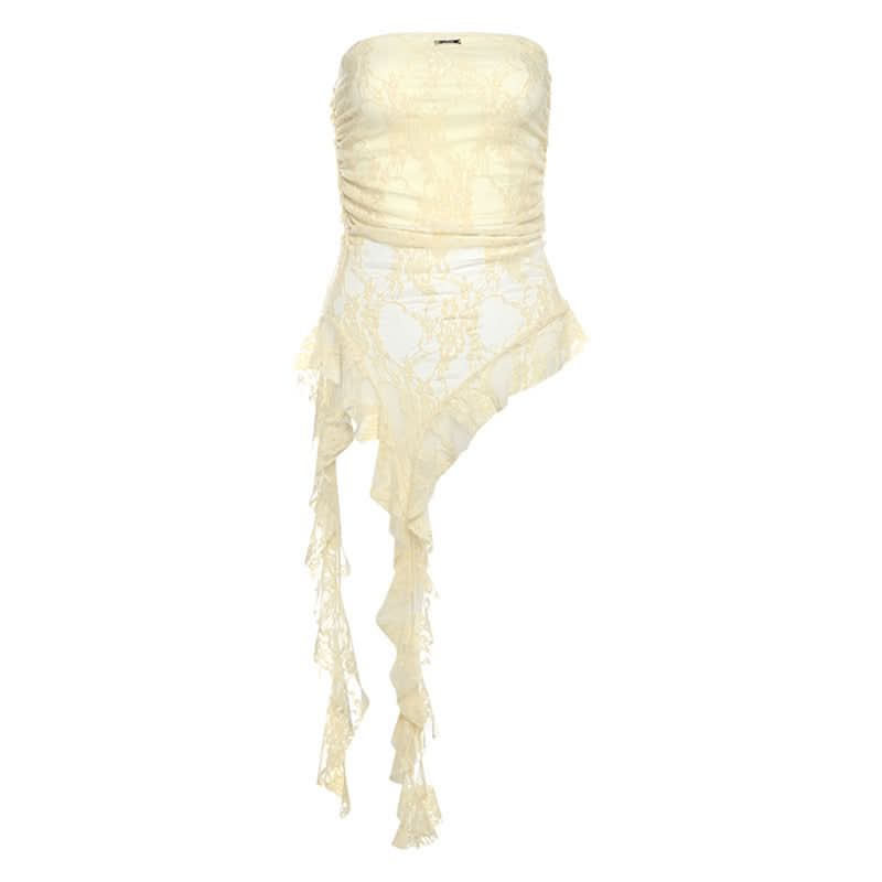 Metal tag lace ruched irregular tube top