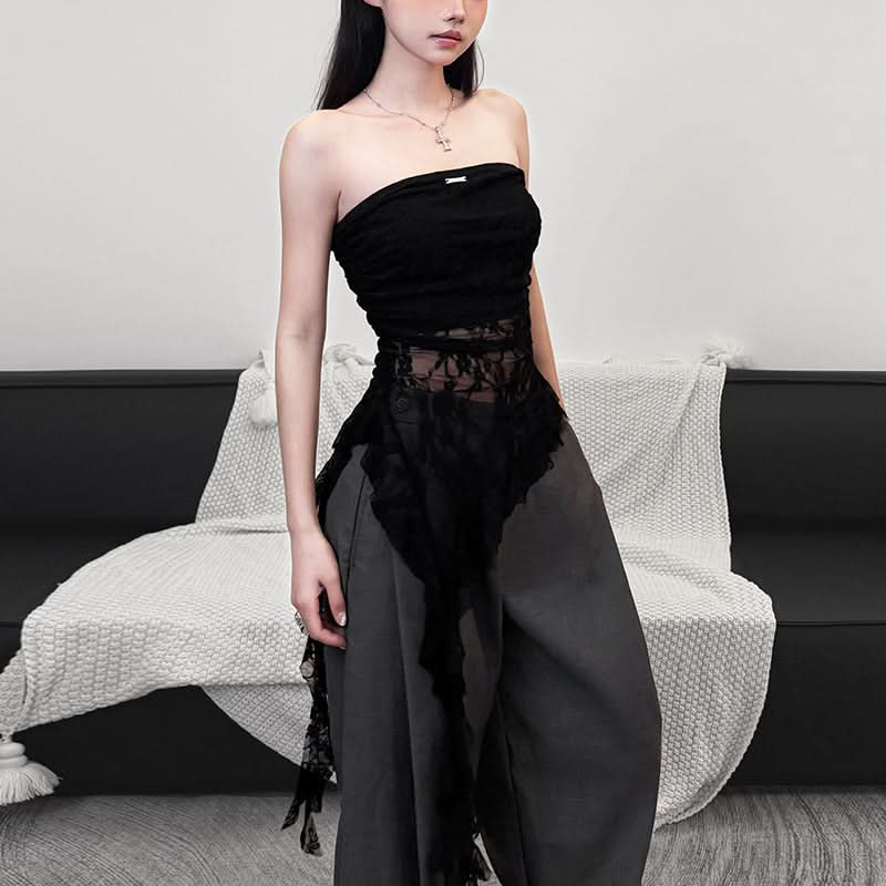 Metal tag lace ruched irregular tube top