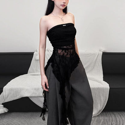 Metal tag lace ruched irregular tube top