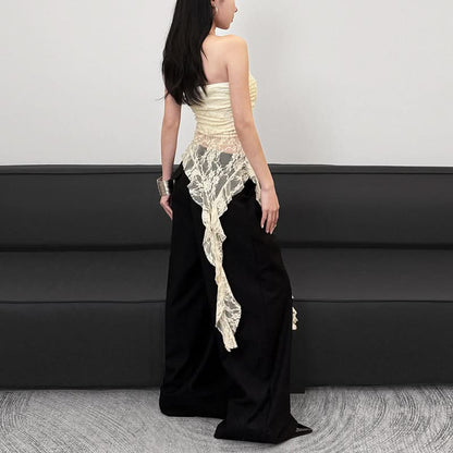 Metal tag lace ruched irregular tube top