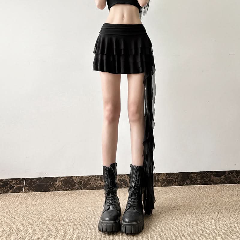 Irregular ruffle A line ruched mesh mini skirt