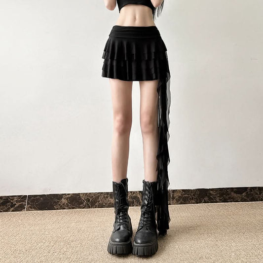 Irregular ruffle A line ruched mesh mini skirt