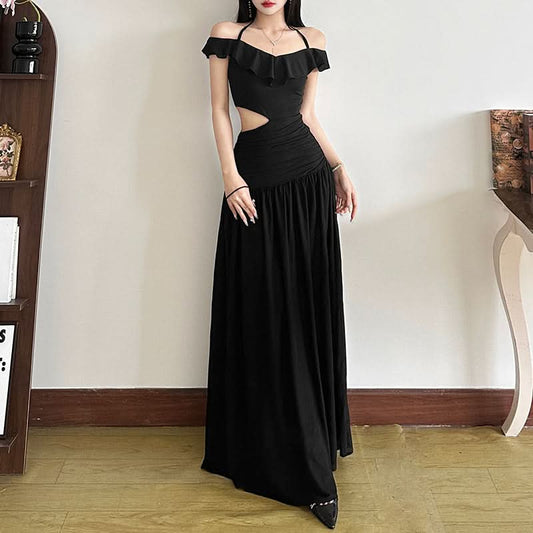 Ruffle halter self tie v neck hollow out cut out maxi dress