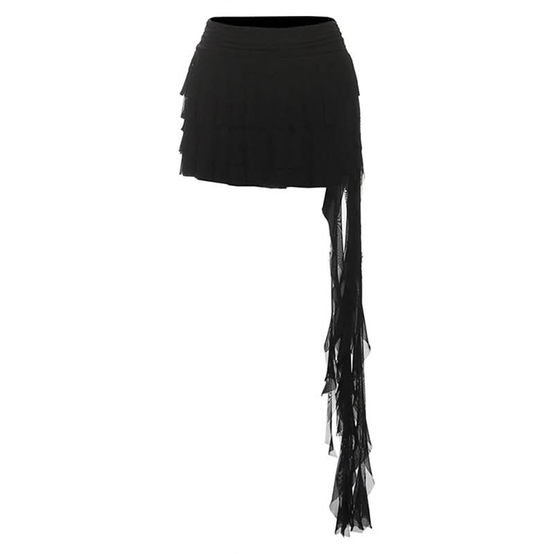 Irregular ruffle A line ruched mesh mini skirt
