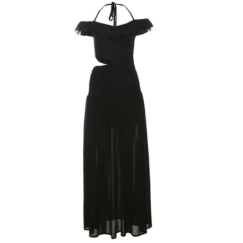 Ruffle halter self tie v neck hollow out cut out maxi dress