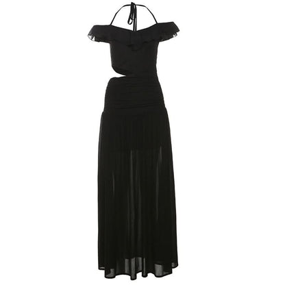 Ruffle halter self tie v neck hollow out cut out maxi dress