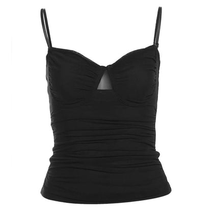 Hollow out ruched v neck mesh cami cut out top