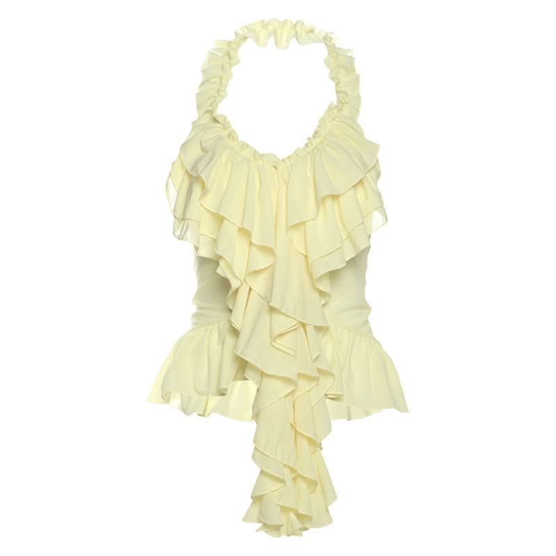 Ruffle v neck halter backless ruched top