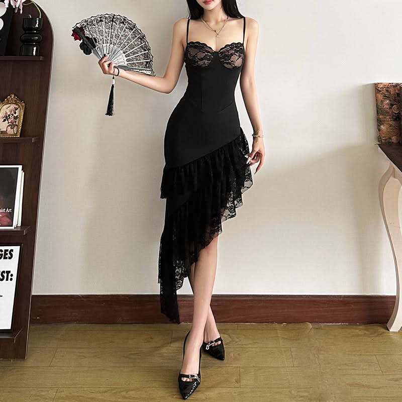 Irregular lace hem v neck cami midi dress