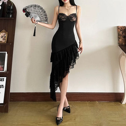 Irregular lace hem v neck cami midi dress